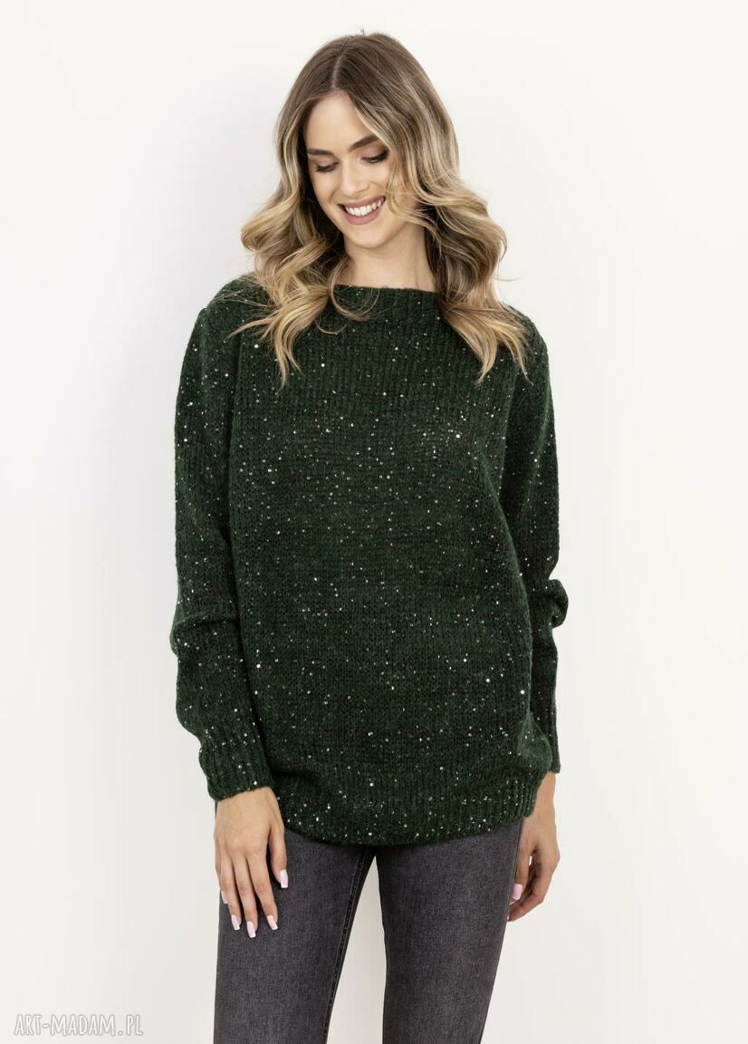 Sweter z cekinami SWE338 ciemny zielony MKM - oversize na święta