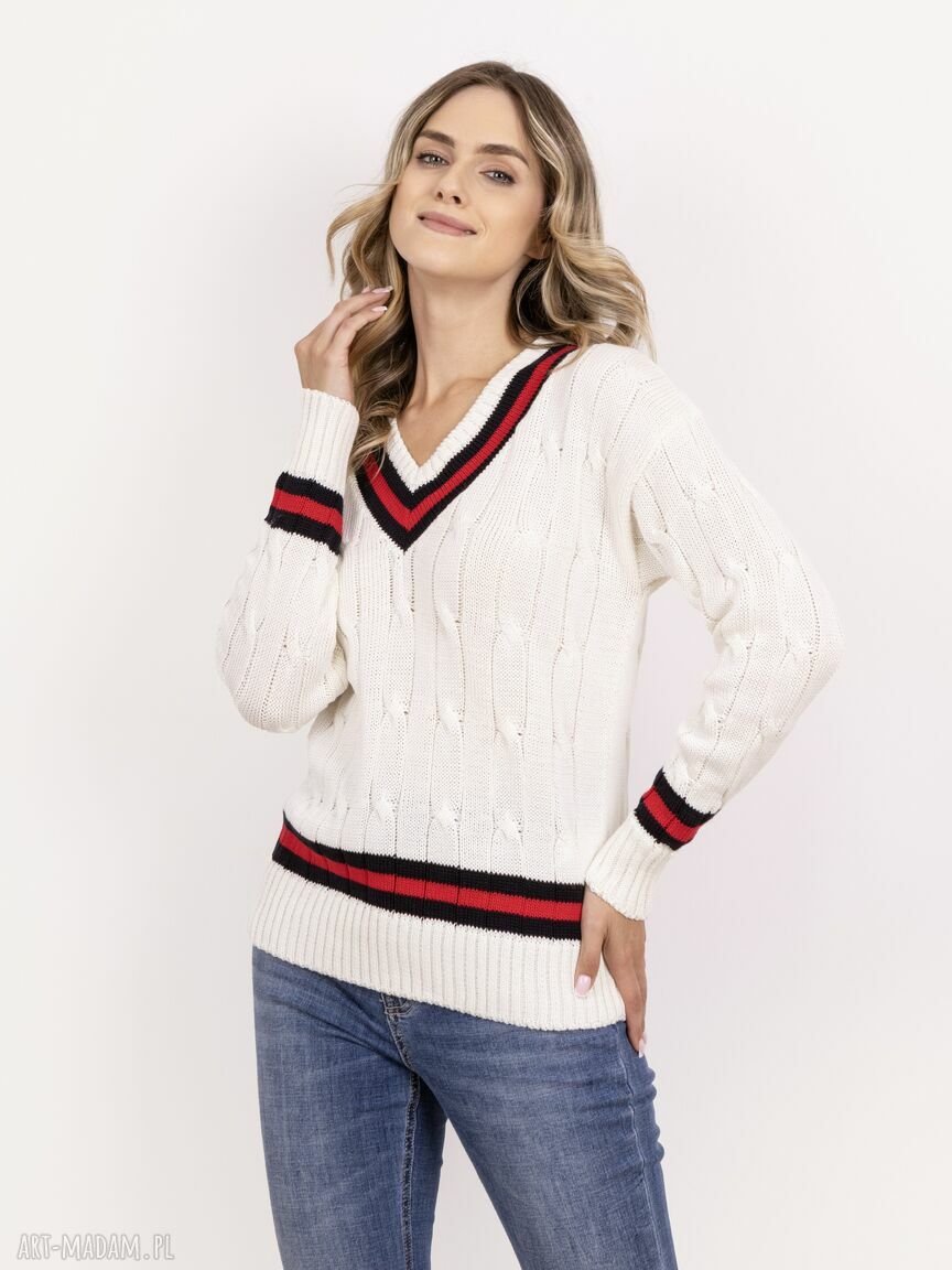 Sweter z ozdobnym dekoltem w serek SWE304 - ecru, granat i czerwony
