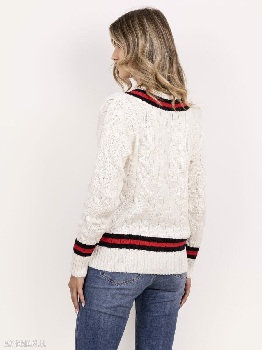 Sweter z ozdobnym dekoltem w serek SWE304 - ecru, granat i czerwony