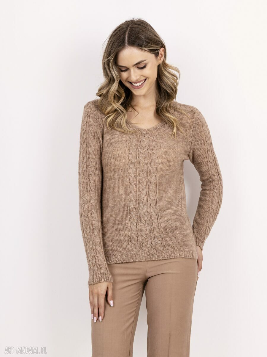 Sweter z warkoczami SWE335 mocca MKM - ręcznie robiony na jesień