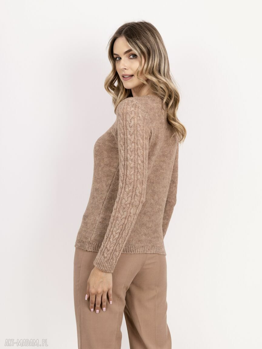 Sweter z warkoczami SWE335 mocca MKM - ręcznie robiony na jesień