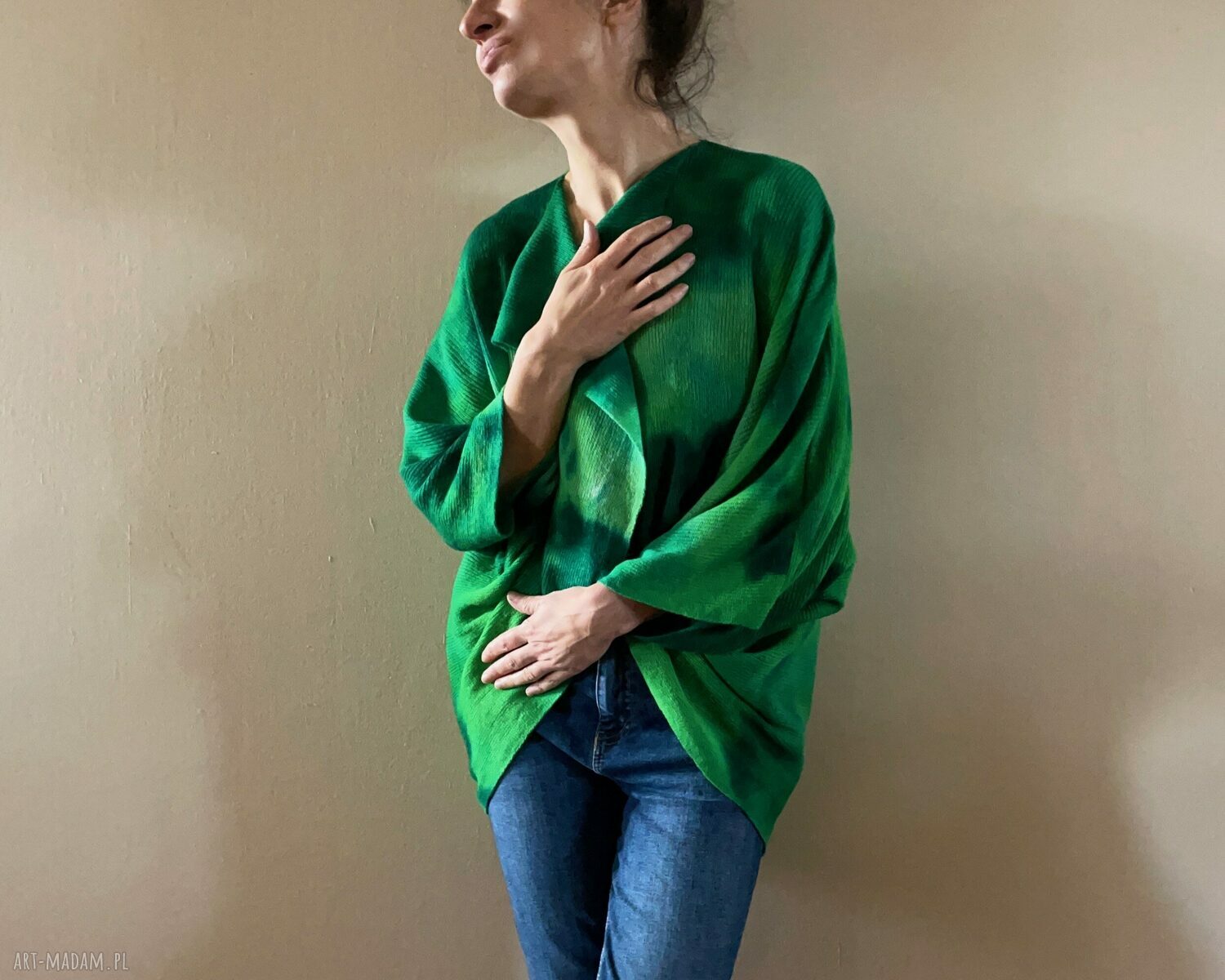 Sweter z wełny merino w odcieniach zieleni - ręcznie barwiony kardigan oversize