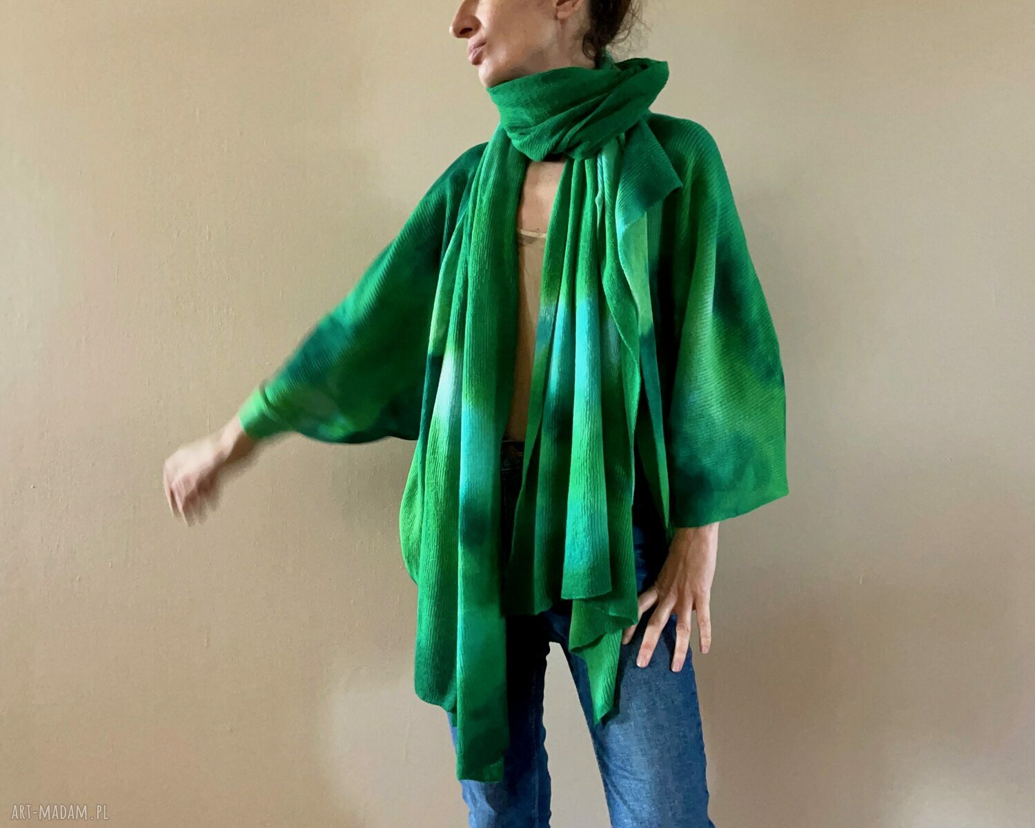 Sweter z wełny merino w odcieniach zieleni - ręcznie barwiony kardigan oversize