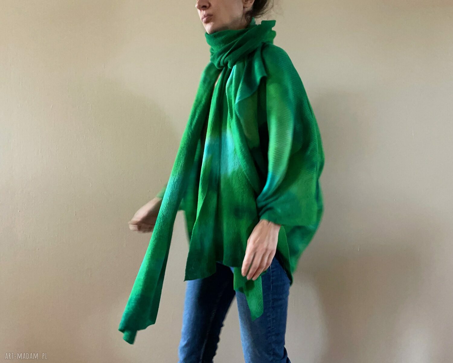 Sweter z wełny merino w odcieniach zieleni - ręcznie barwiony kardigan oversize