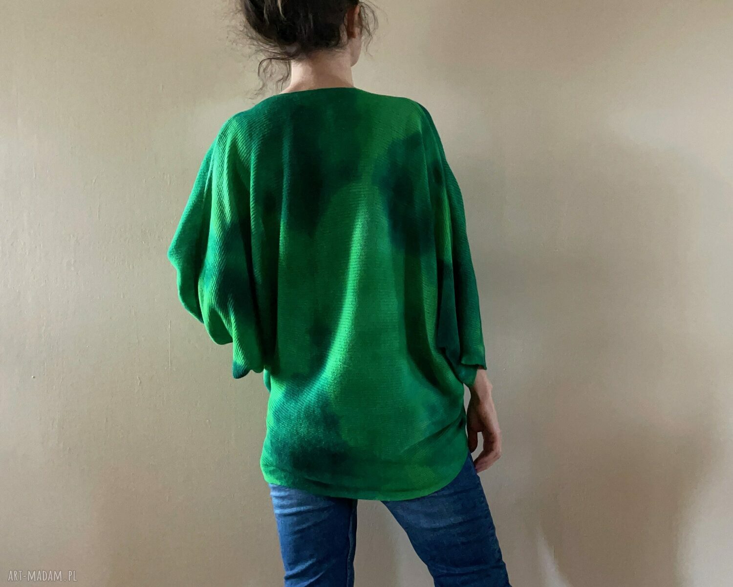 Sweter z wełny merino w odcieniach zieleni - ręcznie barwiony kardigan oversize