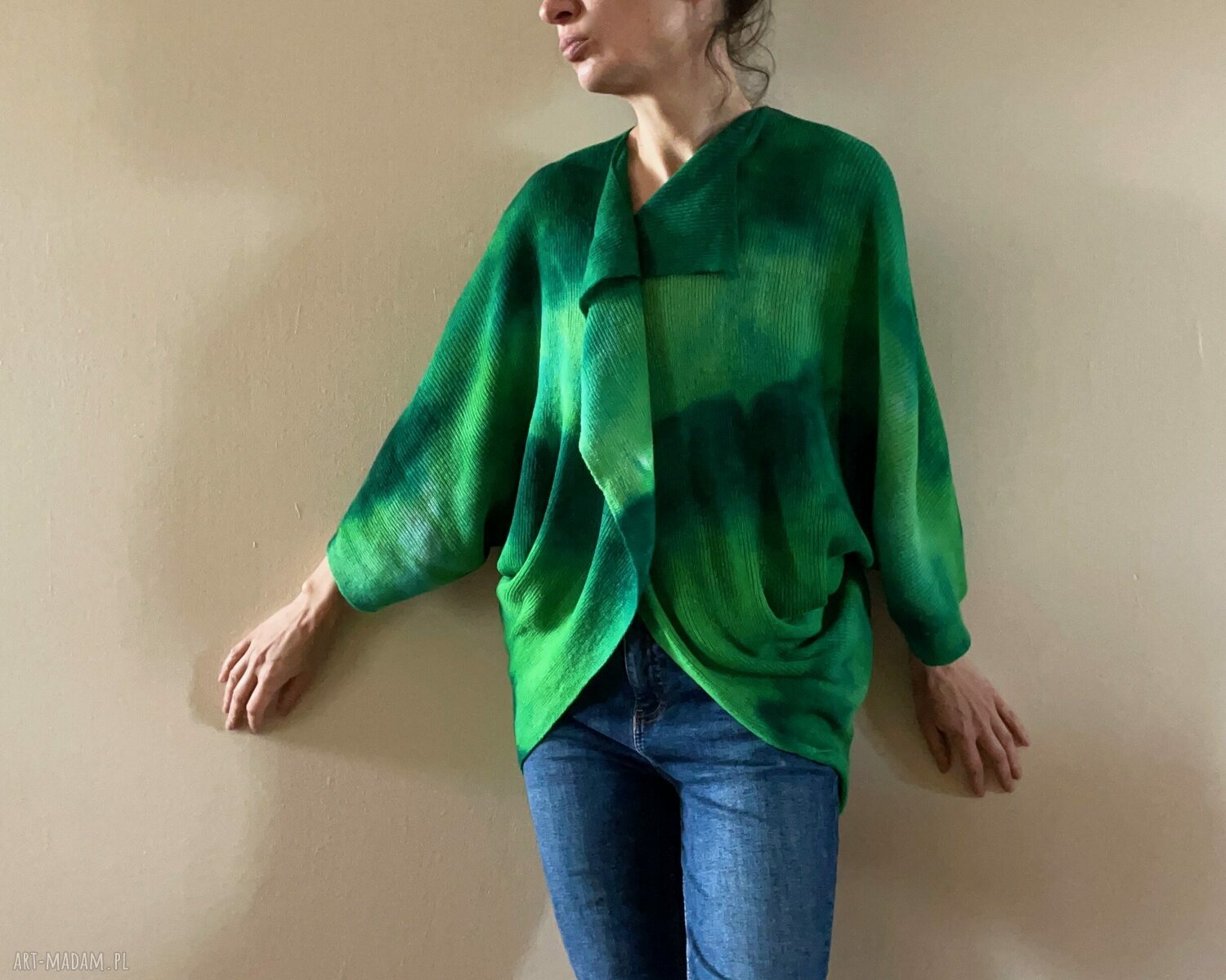 Sweter z wełny merino w odcieniach zieleni - ręcznie barwiony kardigan oversize