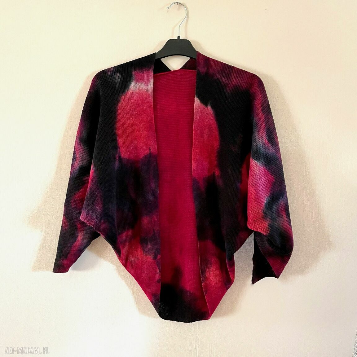 Sweter bolerko z wełny merino red&black - ręcznie barwiony kardigan S/M