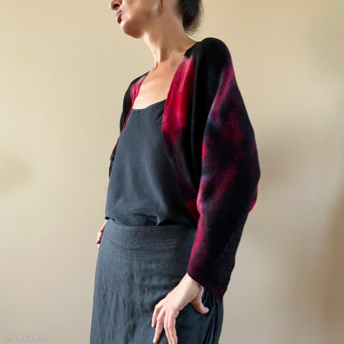 Sweter bolerko z wełny merino red&black - ręcznie barwiony kardigan S/M