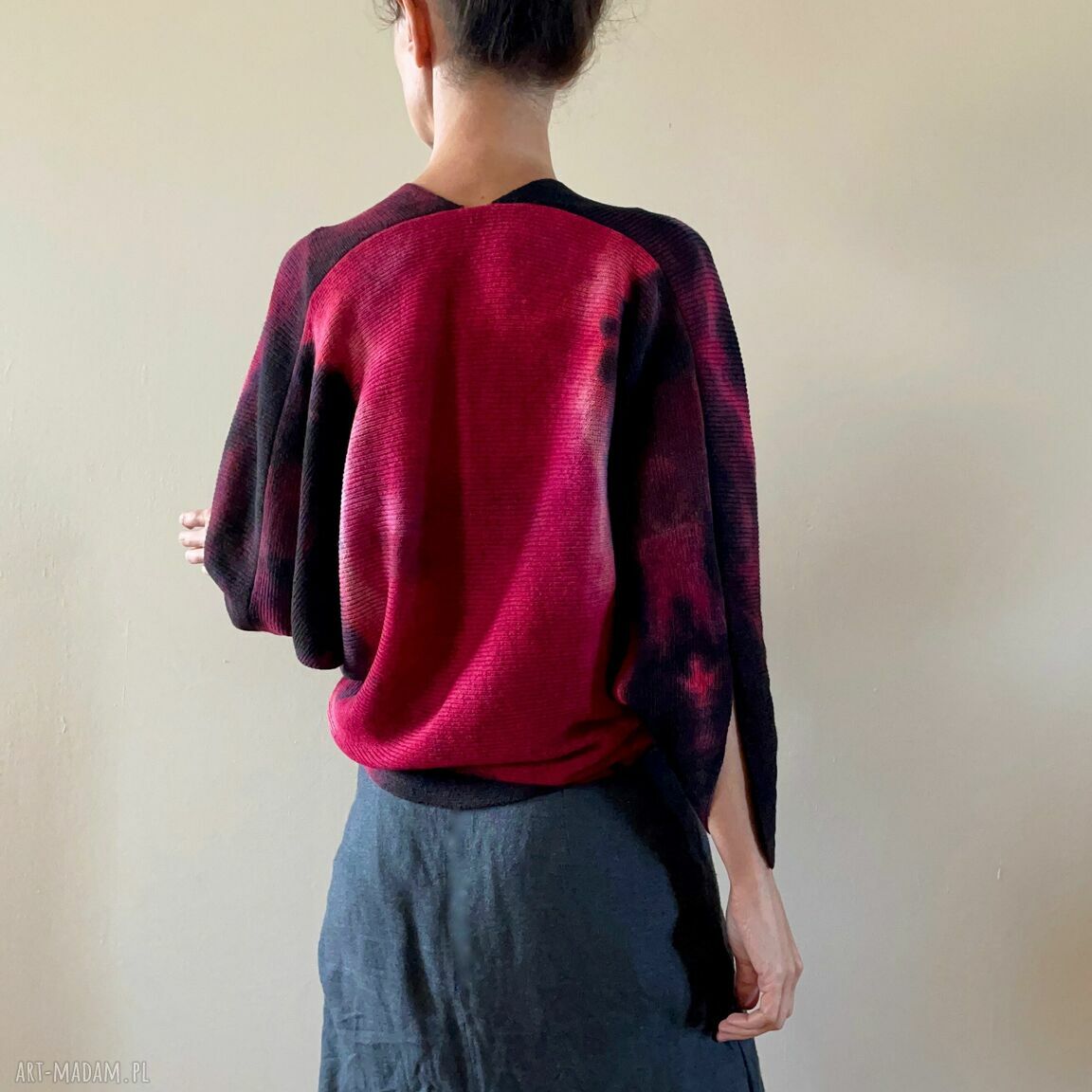 Sweter bolerko z wełny merino red&black - ręcznie barwiony kardigan S/M