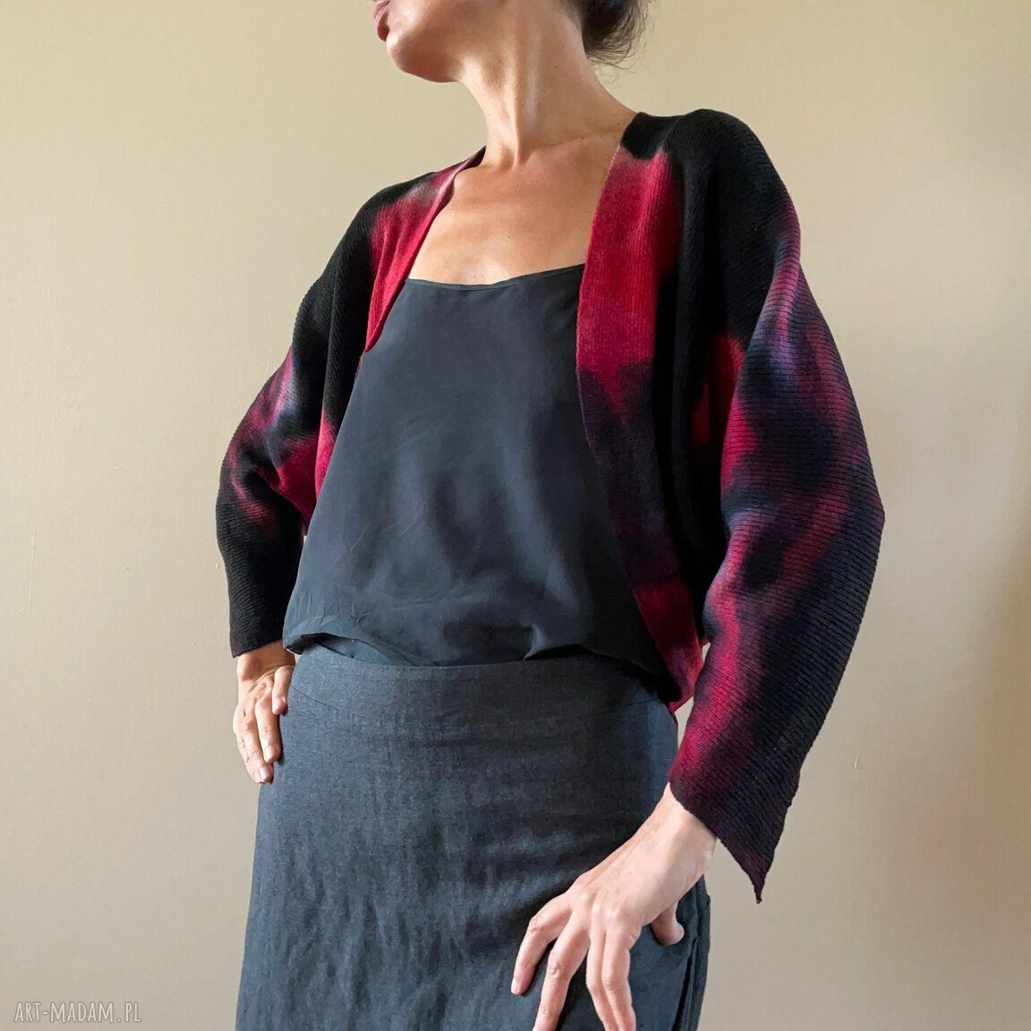 Sweter bolerko z wełny merino red&black - ręcznie barwiony kardigan S/M