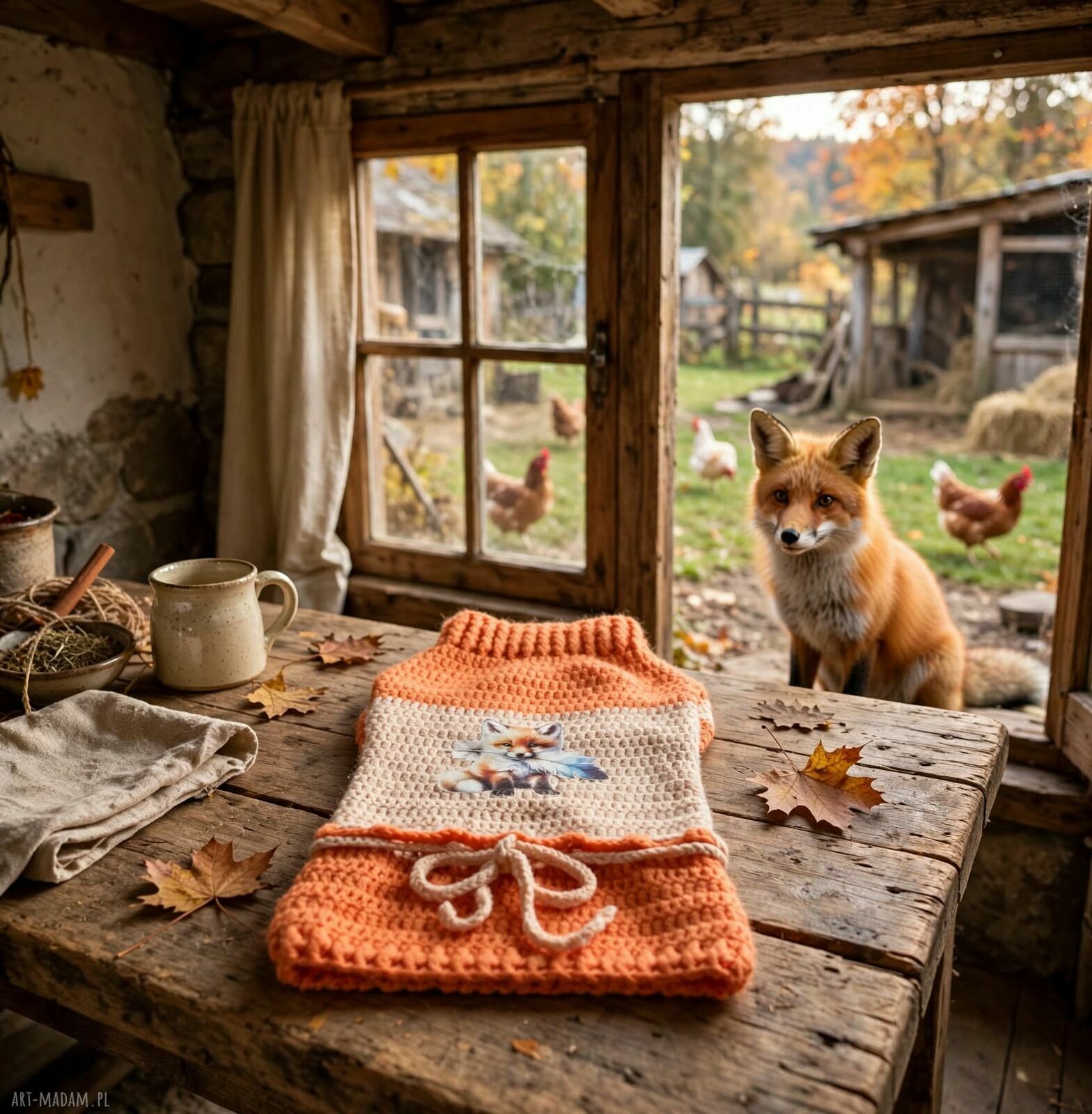Sweterek dla małego psa z liskiem - ciepłe ubranko handmade