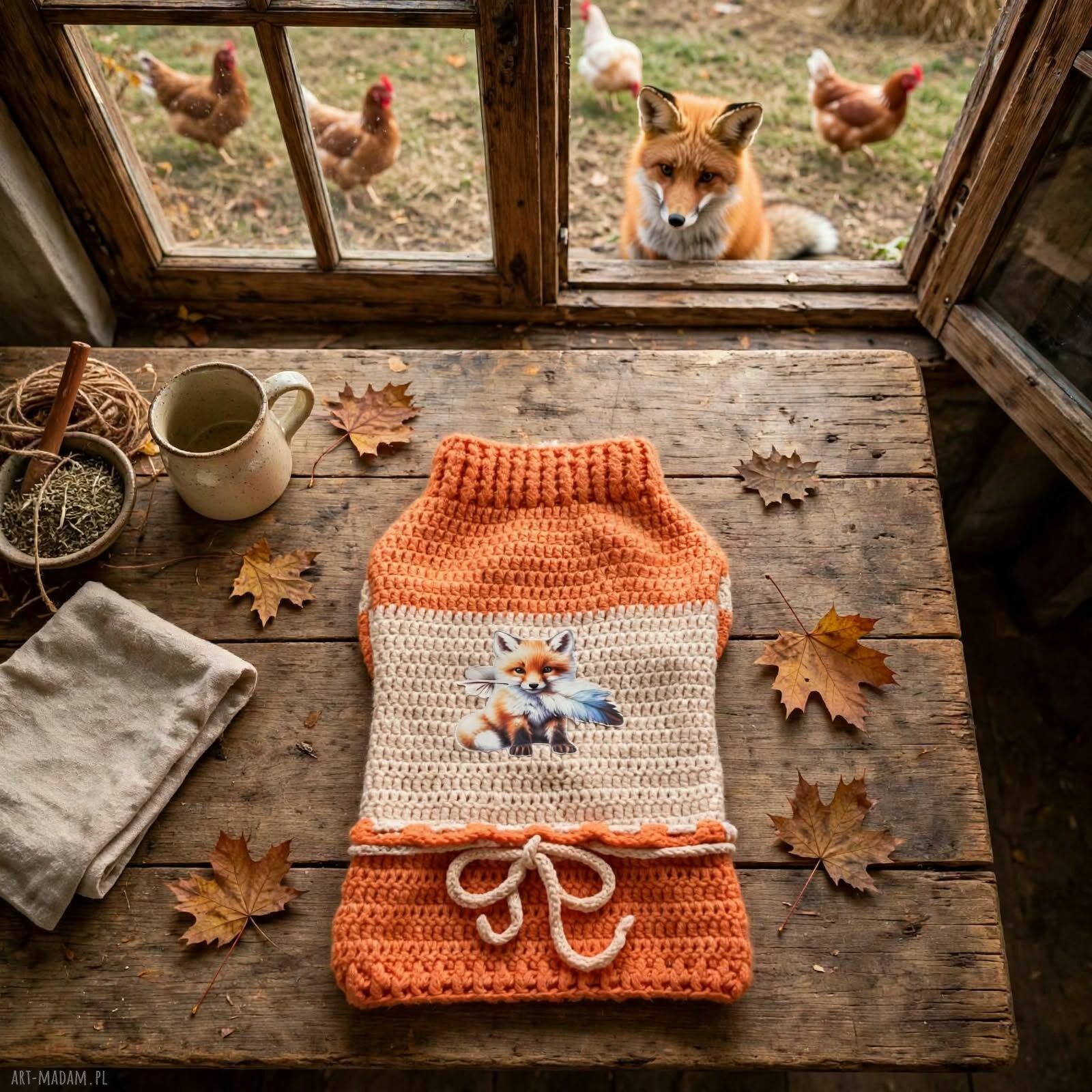 Sweterek dla małego psa z liskiem - ciepłe ubranko handmade