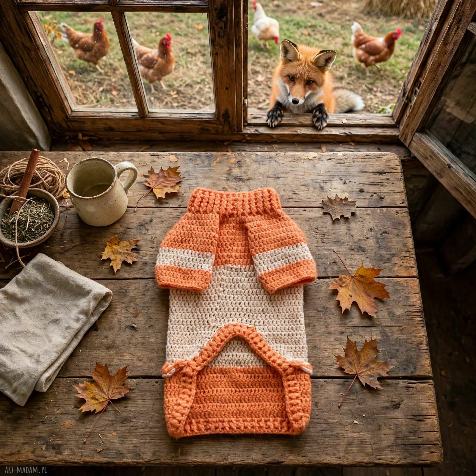 Sweterek dla małego psa z liskiem - ciepłe ubranko handmade
