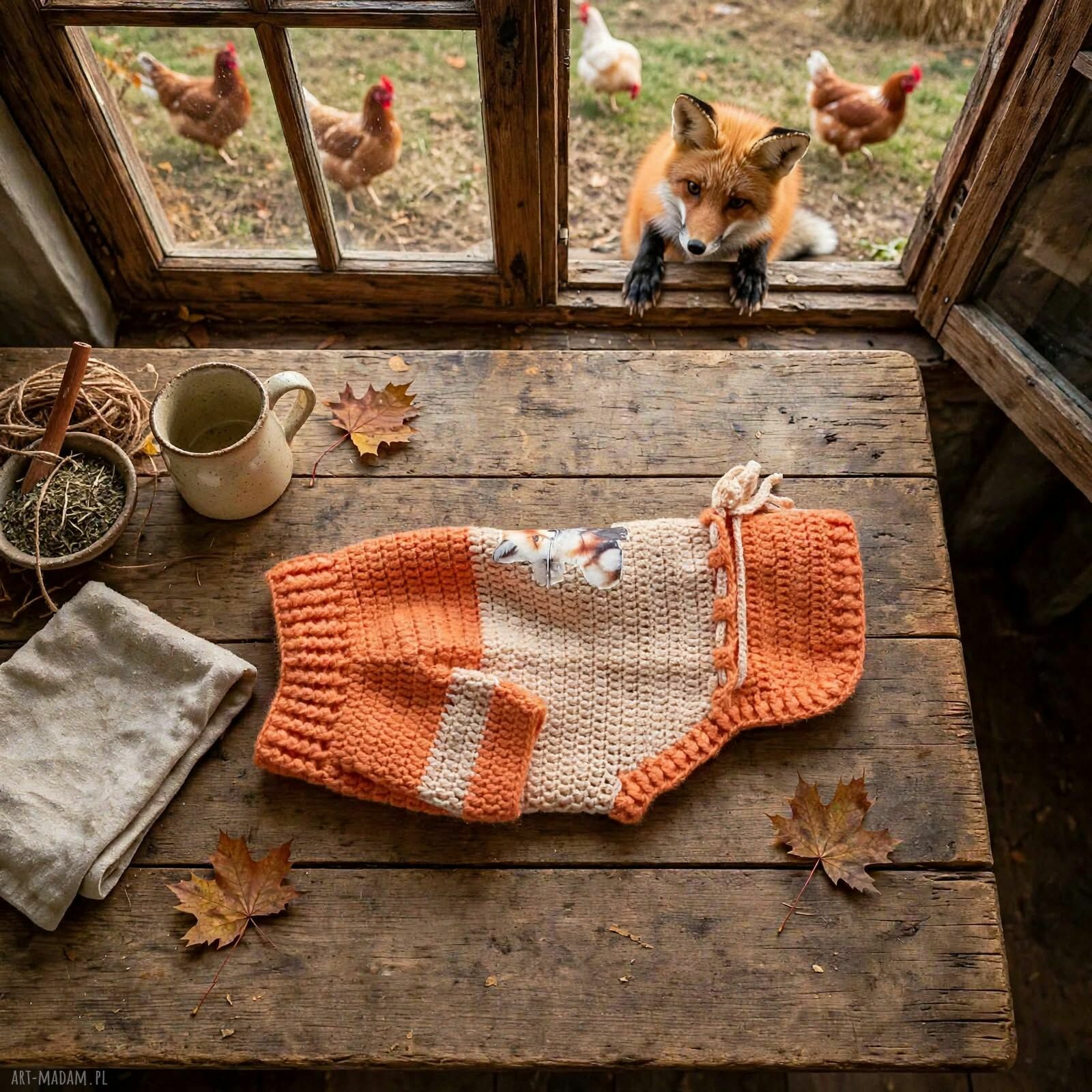 Sweterek dla małego psa z liskiem - ciepłe ubranko handmade