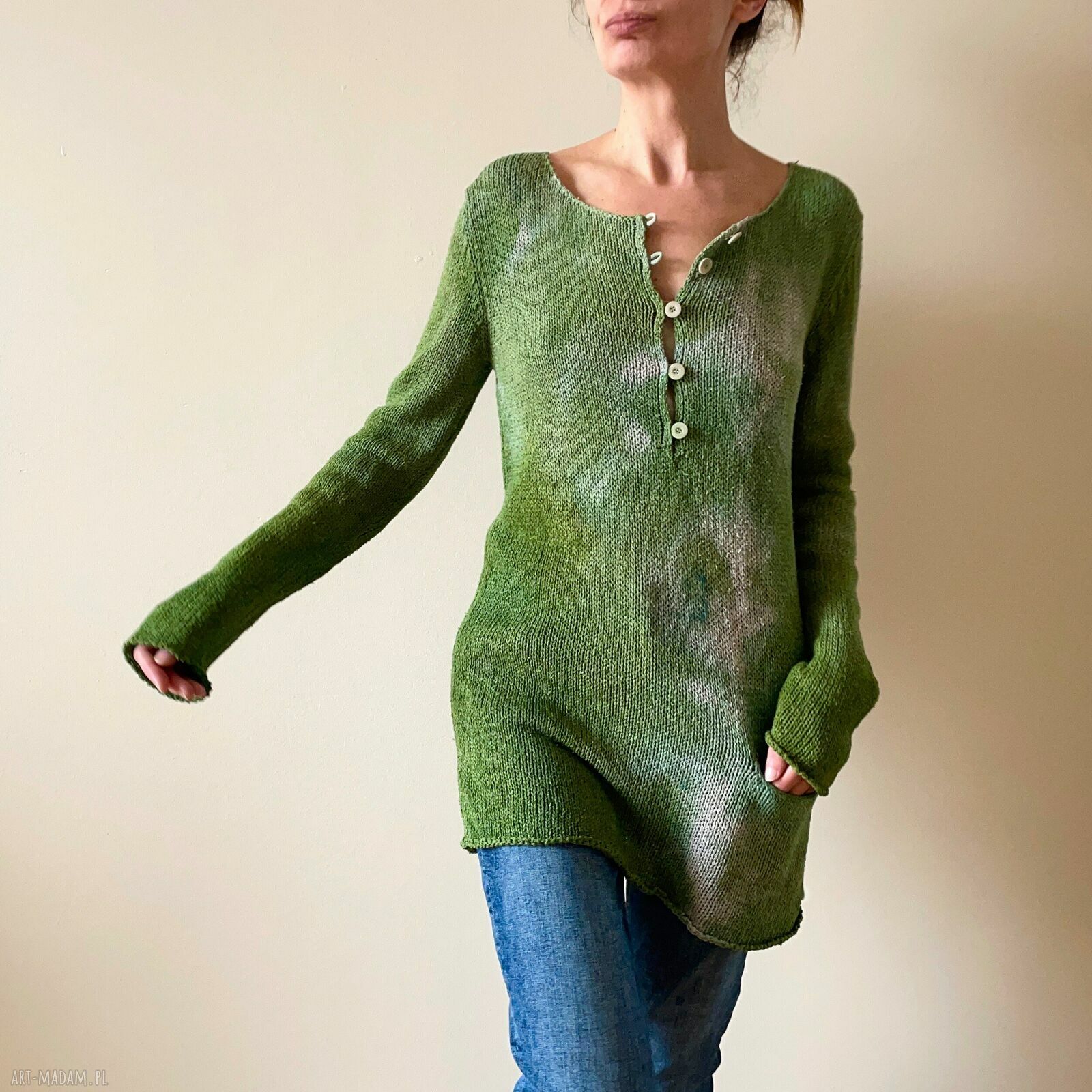 Sweter-tunika z jedwabno-wełnianej mieszanki - zielenie i taupe (S/M)