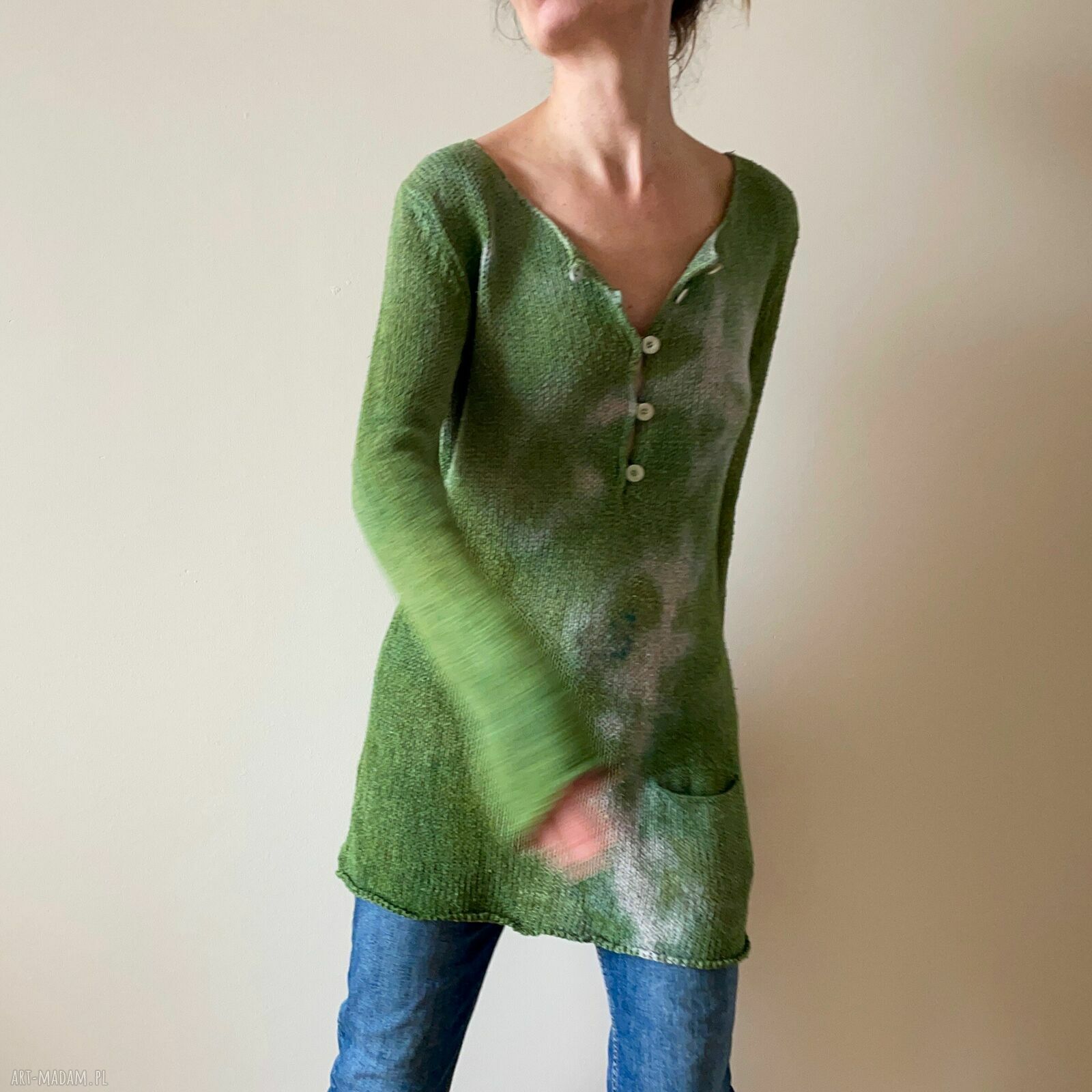 Sweter-tunika z jedwabno-wełnianej mieszanki - zielenie i taupe (S/M)