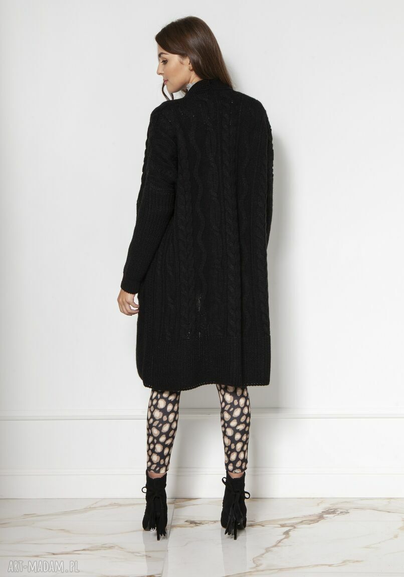 Czarny swetrowy płaszcz z kieszeniami SWE139 - ciepły oversize LANTI