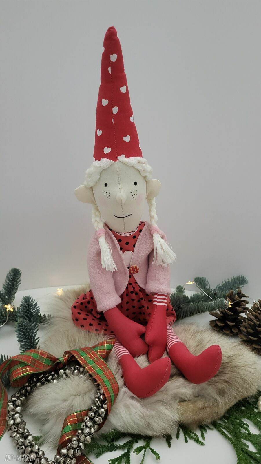 Świąteczna duża lalka szmacianka Noelka - elfka w stylu skandynawskim