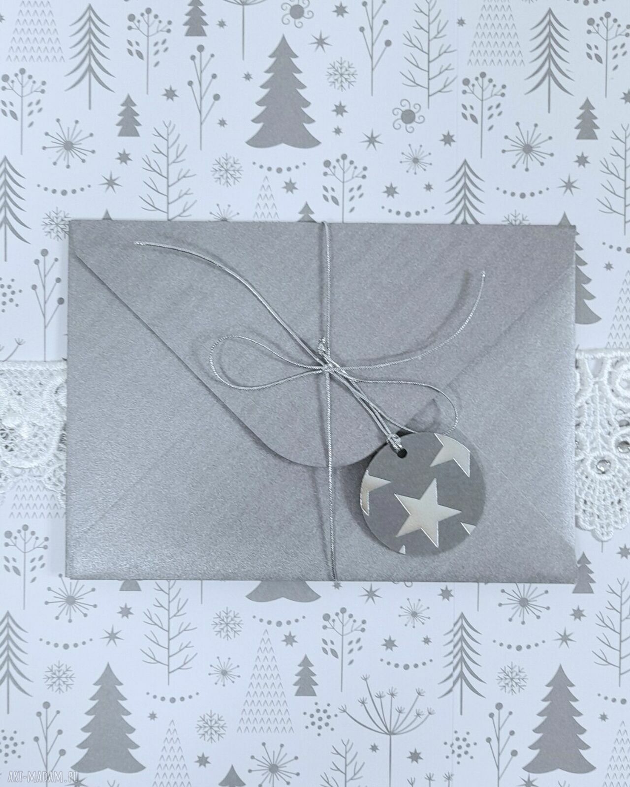 Kartka świąteczna z kieszonką na prezent - szaro-srebrna w gwiazdki (handmade)