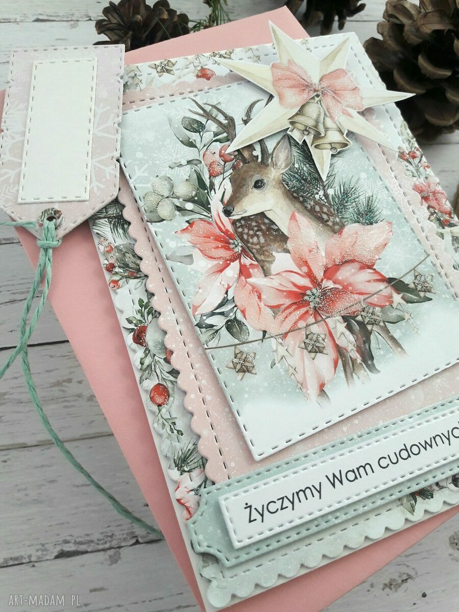 Kartka świąteczna Boże Narodzenie w różu z jelonkiem - ręcznie robiona scrapbooking