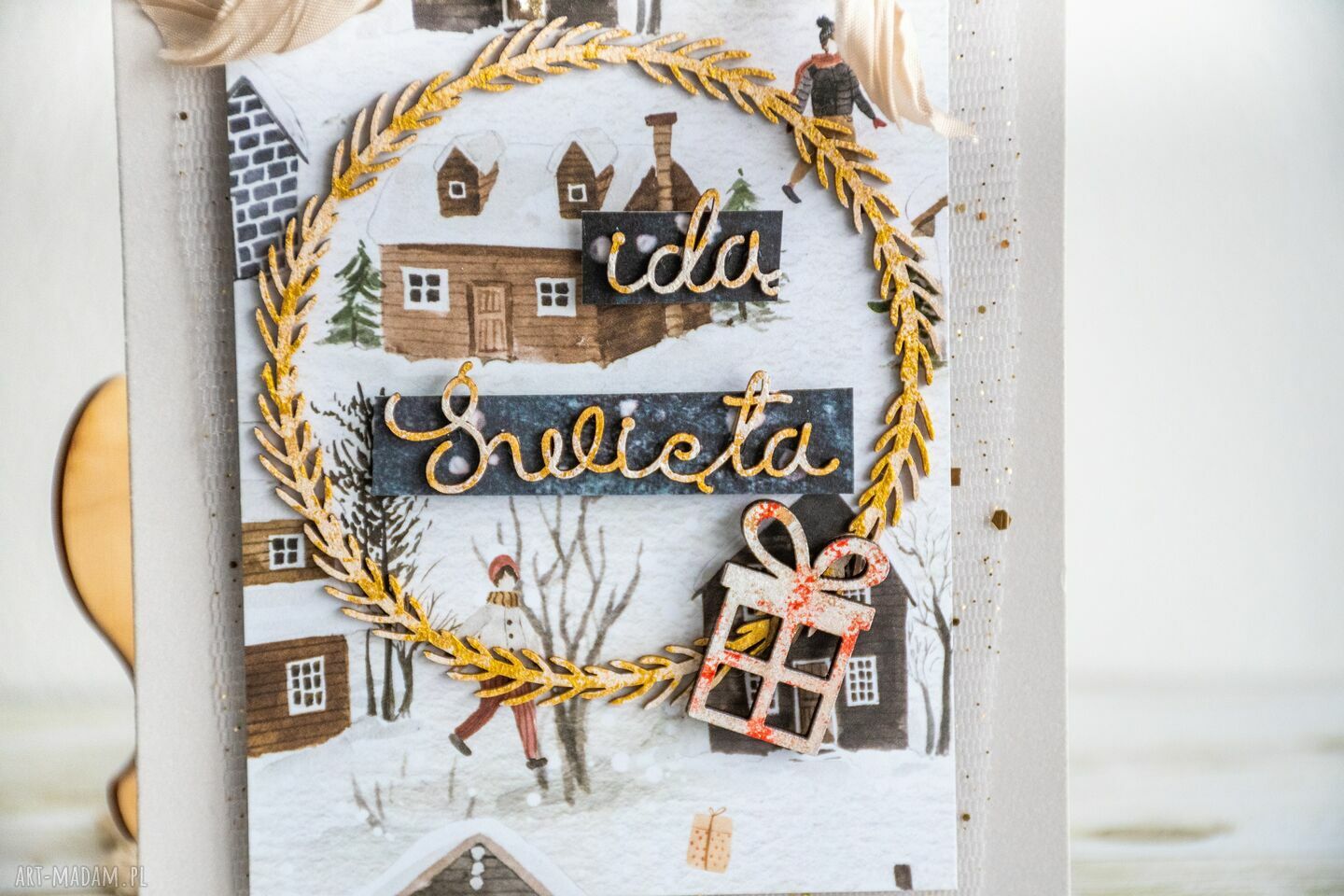 Kartka świąteczna „Idą święta” - boho scrapbooking handmade (12 x 17 cm)