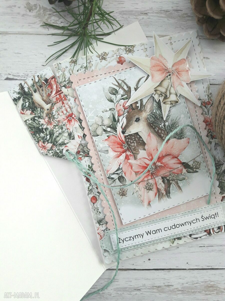 Kartka świąteczna Boże Narodzenie w różu z jelonkiem - ręcznie robiona scrapbooking