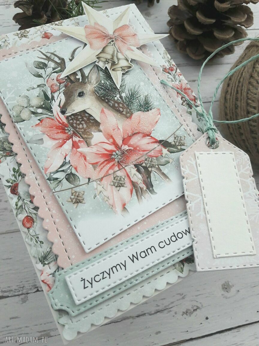 Kartka świąteczna Boże Narodzenie w różu z jelonkiem - ręcznie robiona scrapbooking