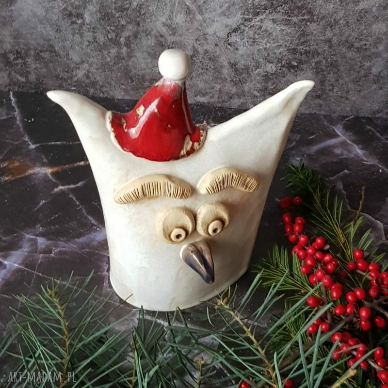 Świąteczna sowa śnieżna - figurka ceramiczna Badura