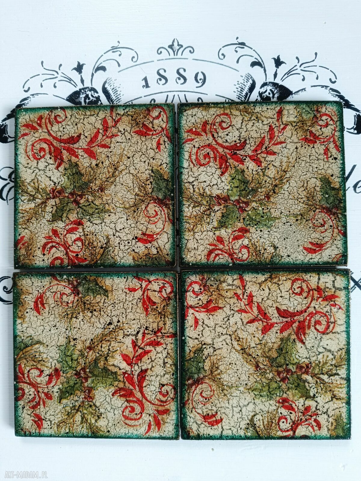 Świąteczne podkładki decoupage ze Świętym Mikołajem - komplet 4 sztuk