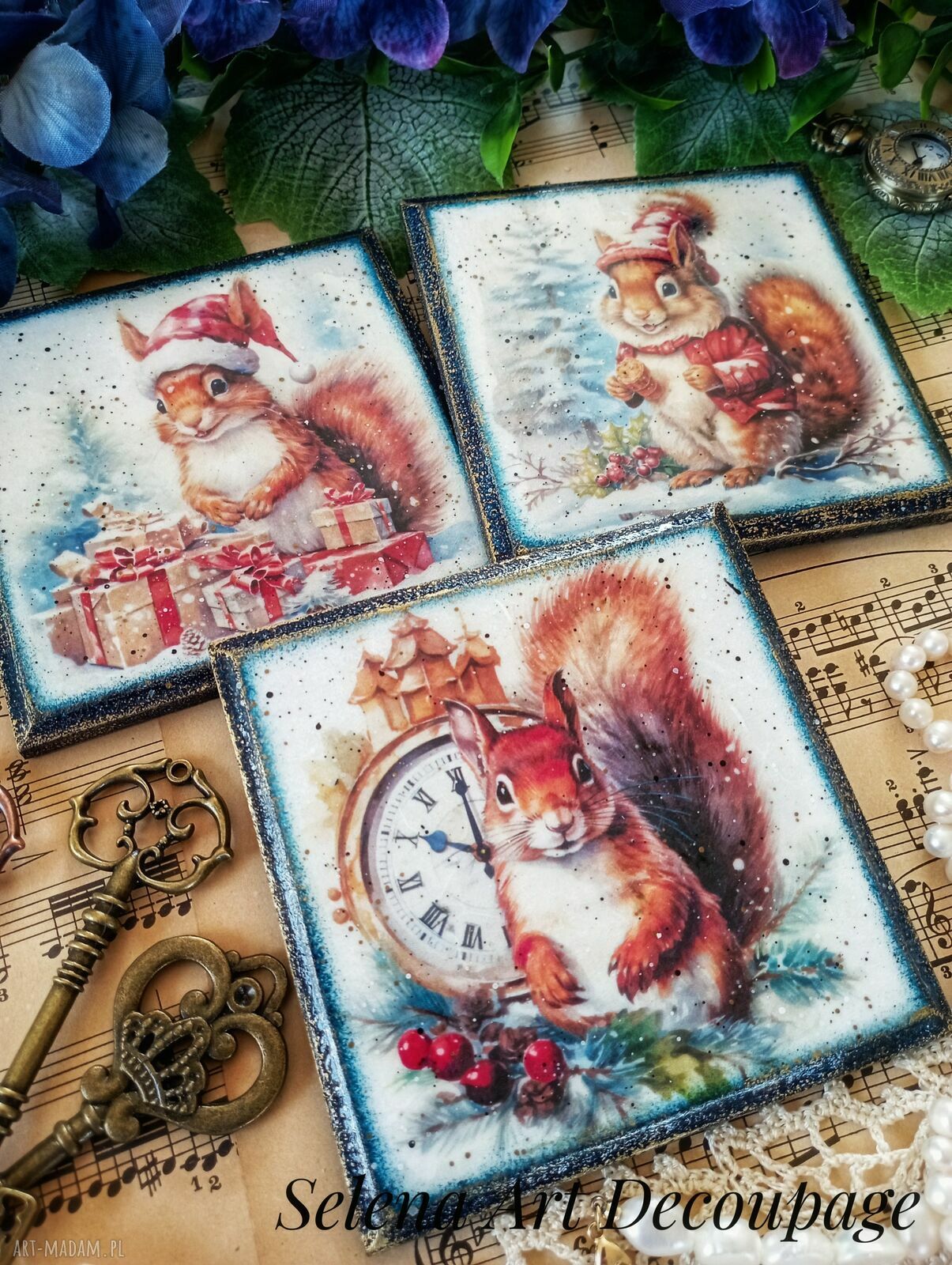 Świąteczne podkładki decoupage z wiewiórkami