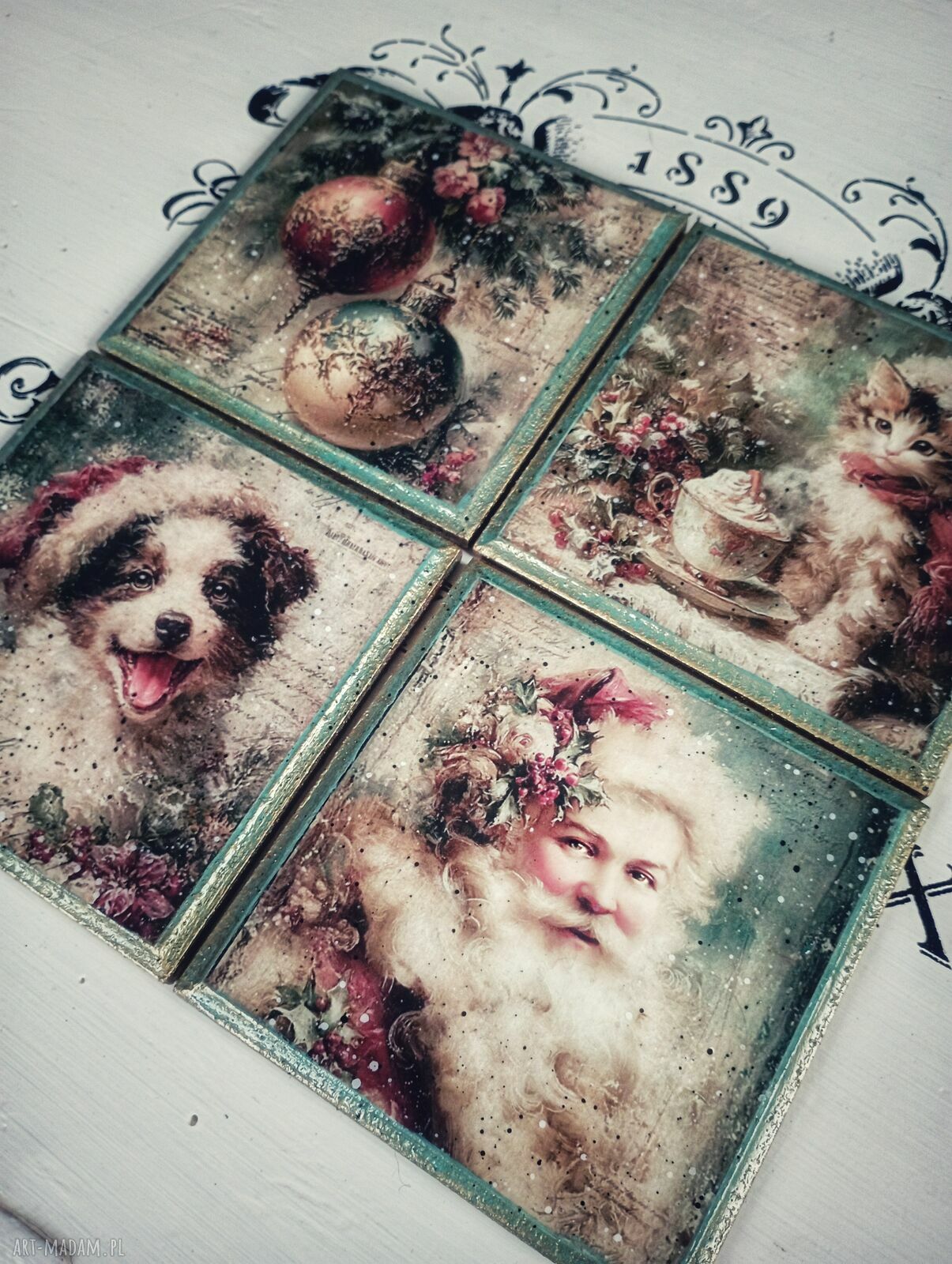 Świąteczne podkładki vintage z motywem kota - komplet 4 sztuki 10x10 cm