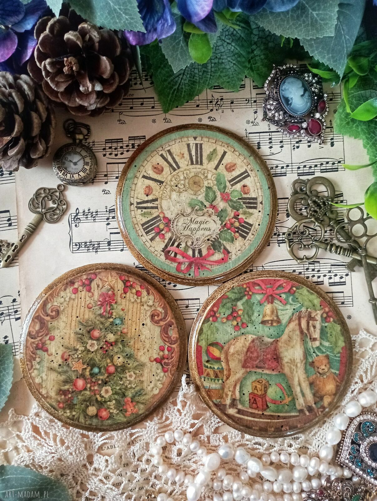 Świąteczne podkładki decoupage shabby chic i vintage - komplet 3 sztuki