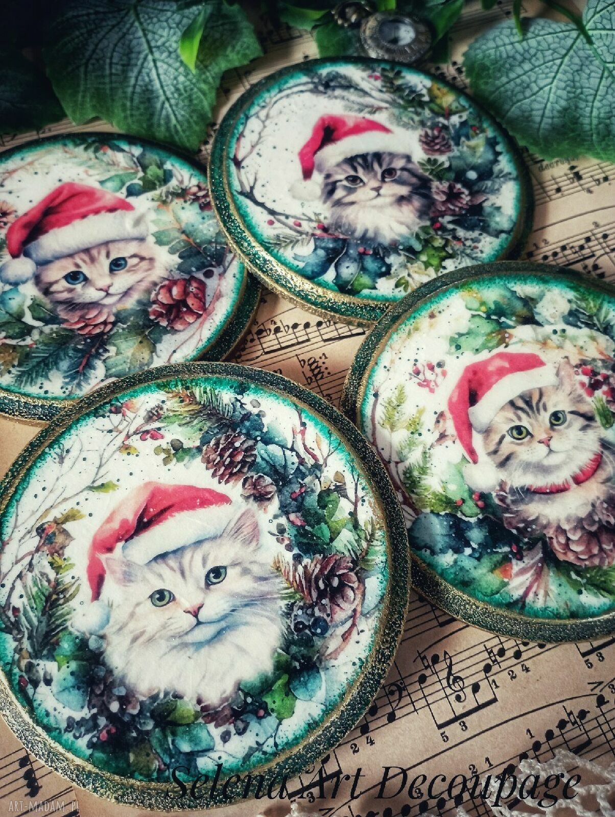 Świąteczne podkładki decoupage z kotkami - komplet 4 szt.