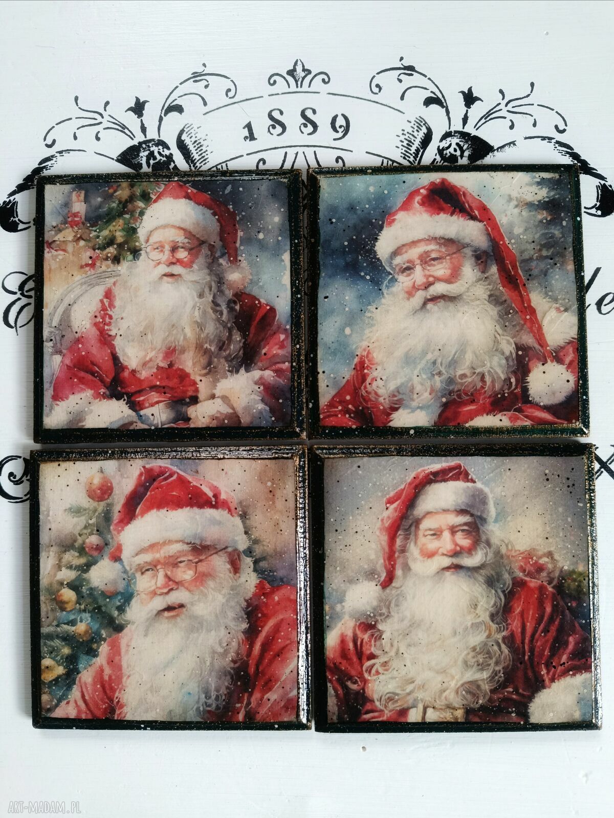 Świąteczne podkładki decoupage ze Świętym Mikołajem - komplet 4 sztuk