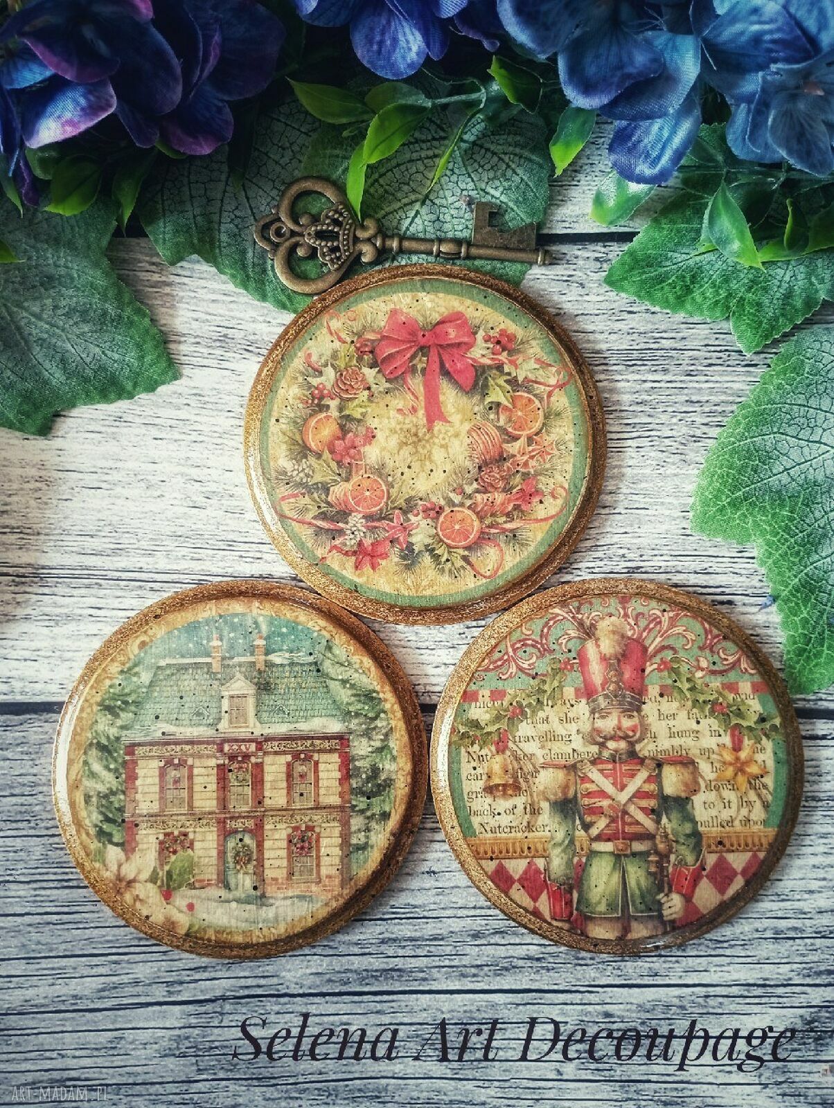 Świąteczne podkładki decoupage w stylu vintage - komplet 3 sztuki