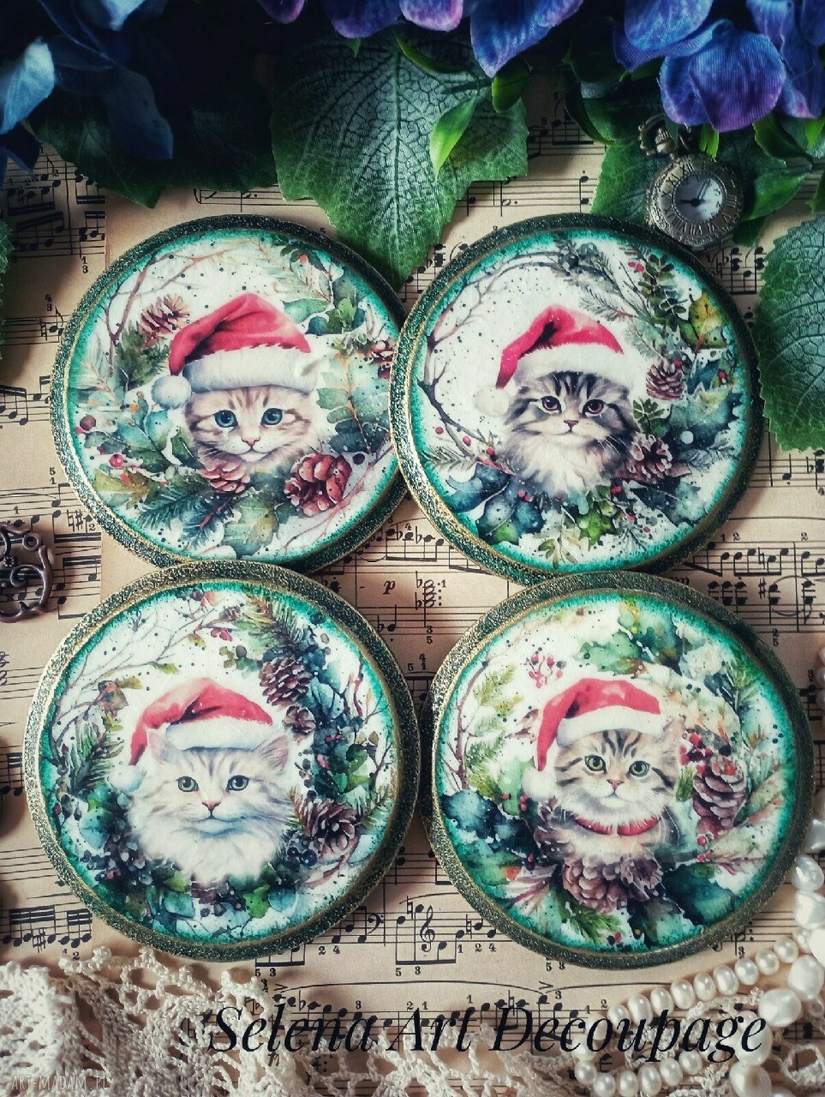 Świąteczne podkładki decoupage z kotkami - komplet 4 szt.