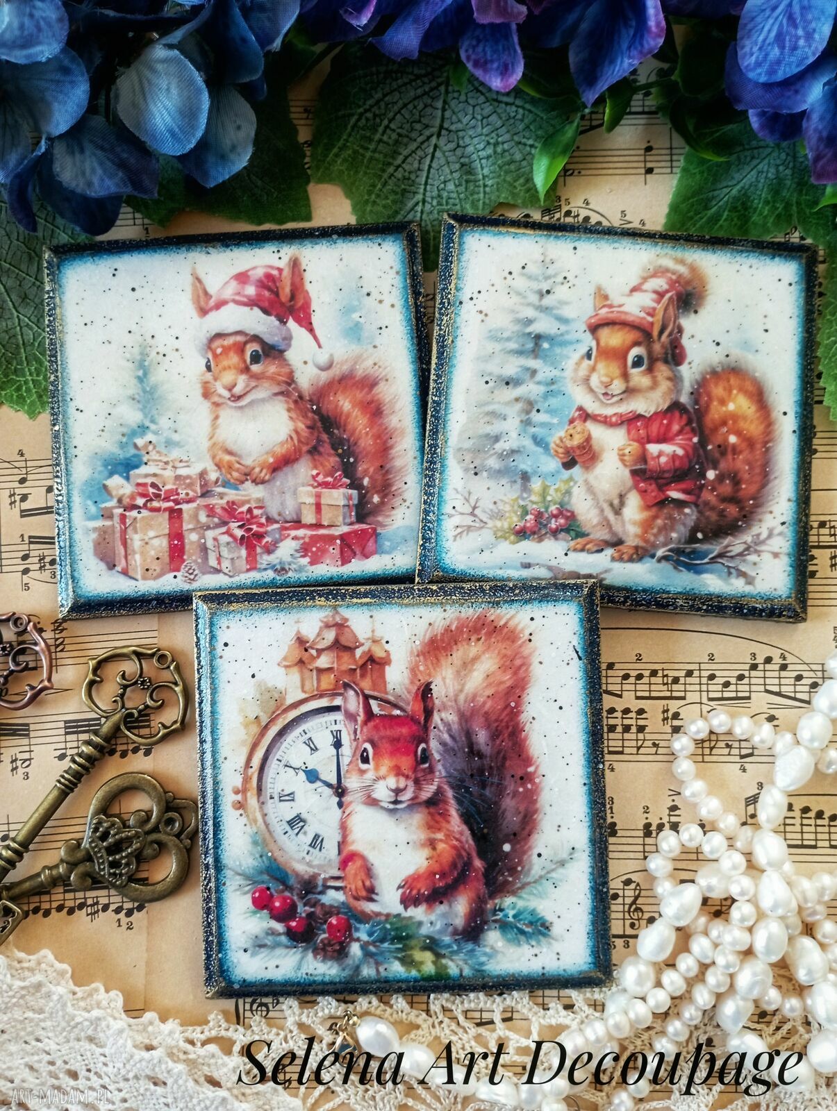 Świąteczne podkładki decoupage z wiewiórkami