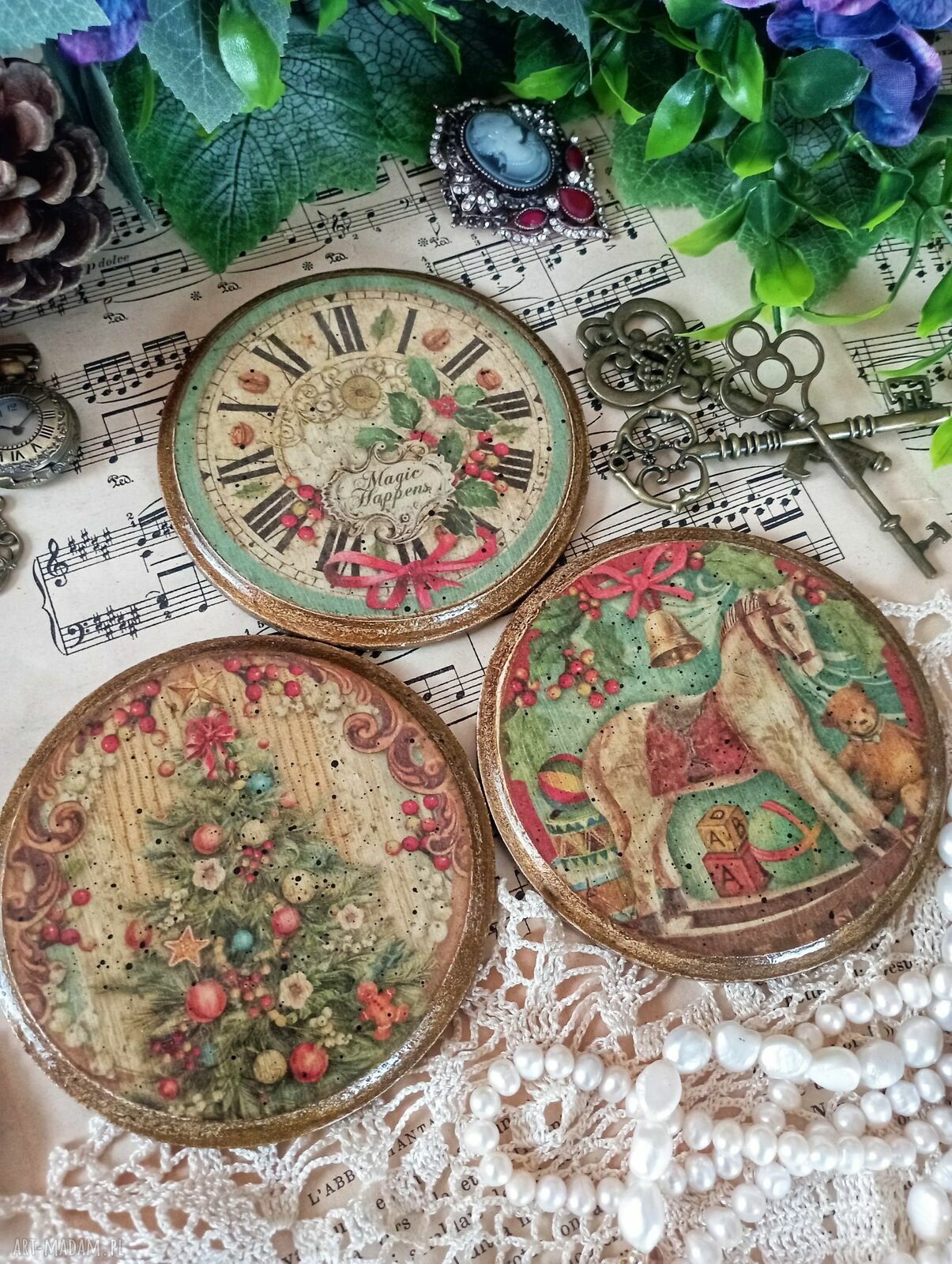 Świąteczne podkładki decoupage shabby chic i vintage - komplet 3 sztuki