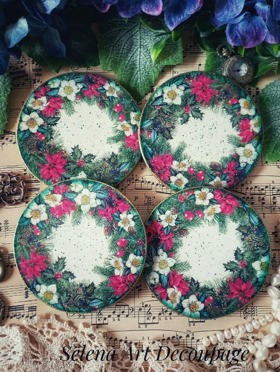 Świąteczne podkładki decoupage z kotkami - komplet 4 szt.
