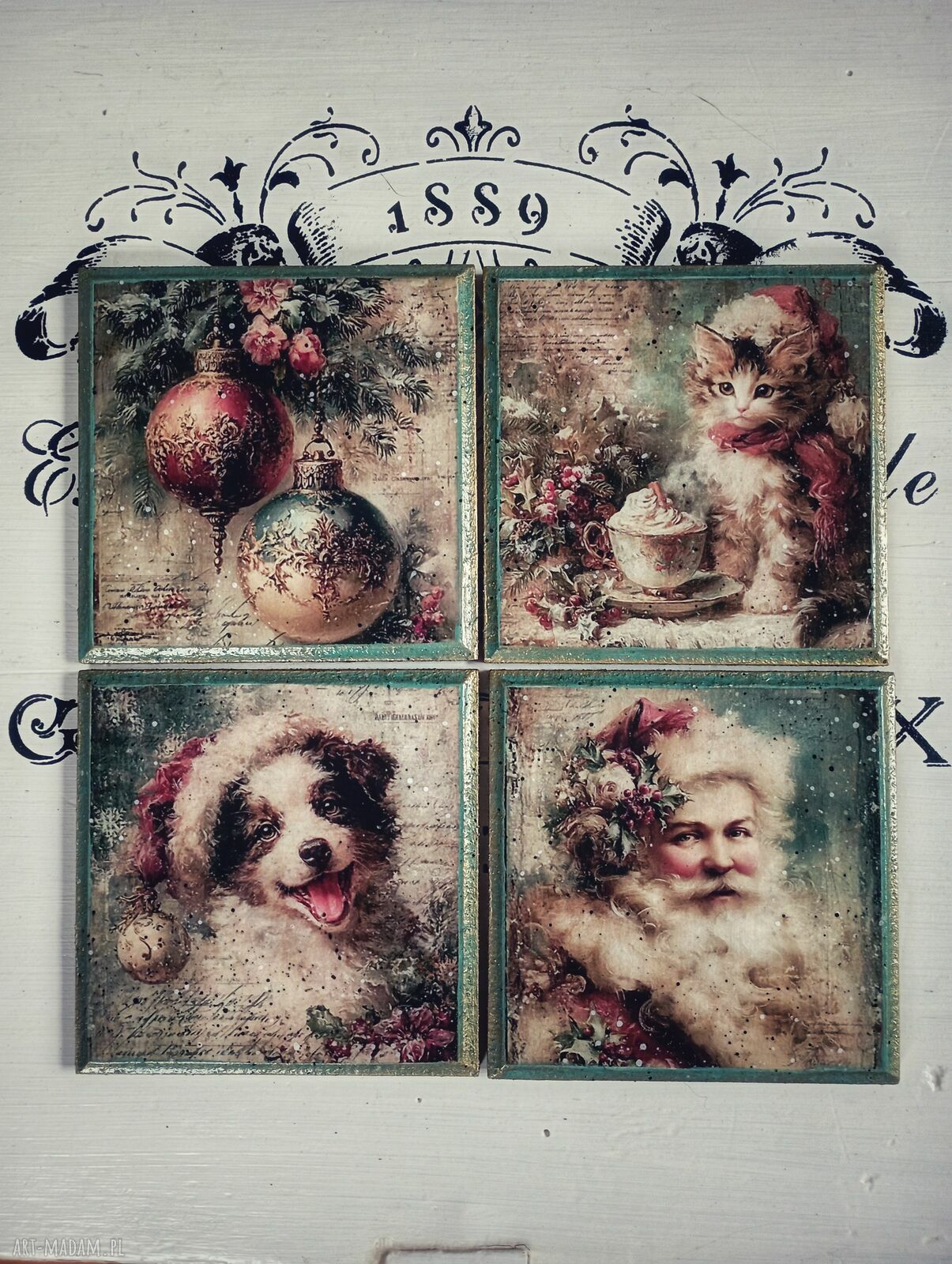 Świąteczne podkładki vintage z motywem kota - komplet 4 sztuki 10x10 cm