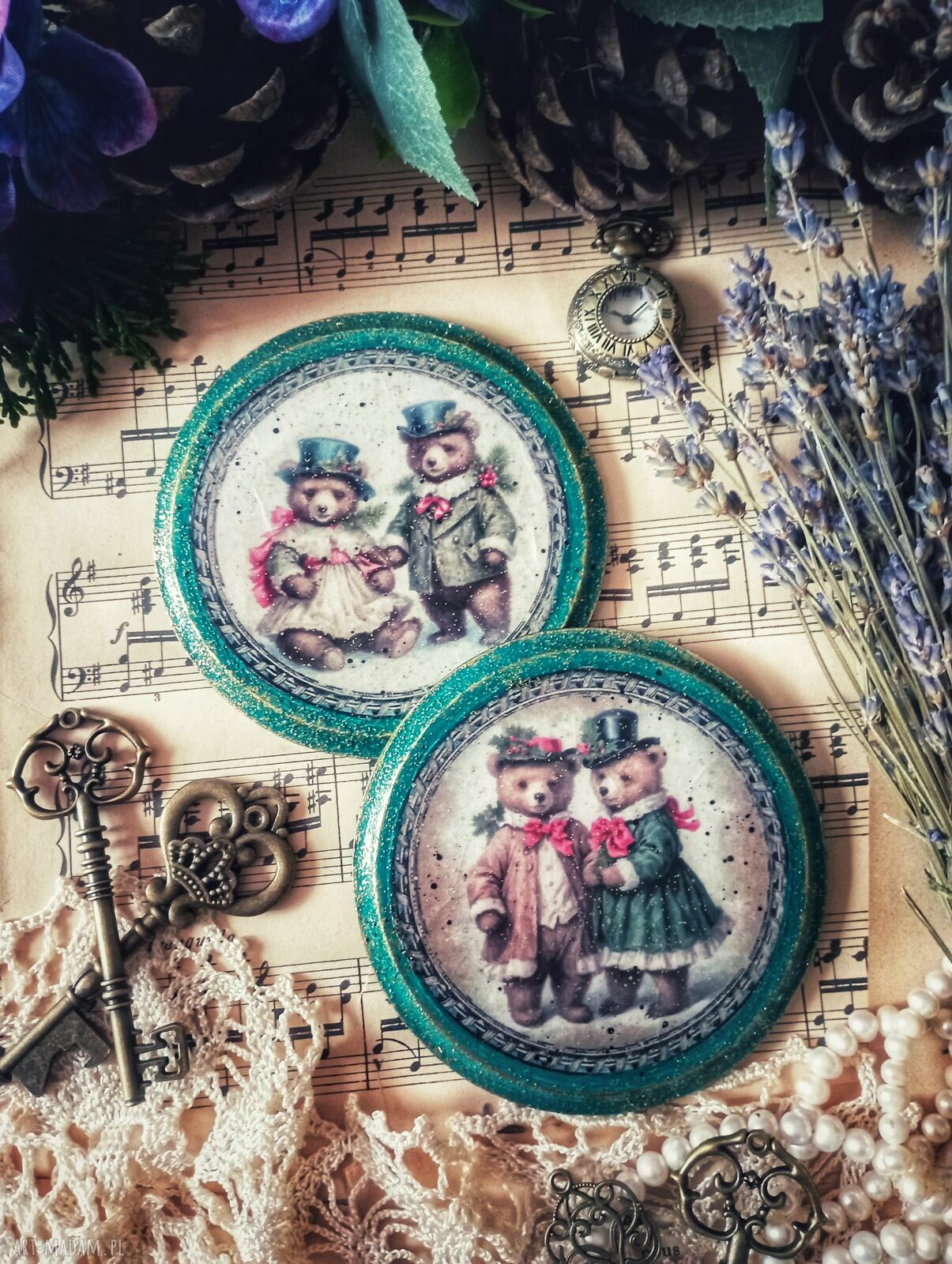 Świąteczne podkładki z misiami vintage - komplet 2 szt., 10 cm