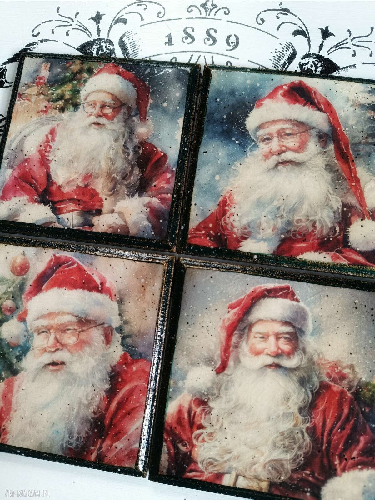 Świąteczne podkładki decoupage ze Świętym Mikołajem - komplet 4 sztuk