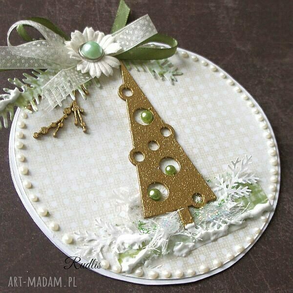 Ręcznie robiona kartka świąteczna z choinką - złote życzenia w stylu scrapbooking