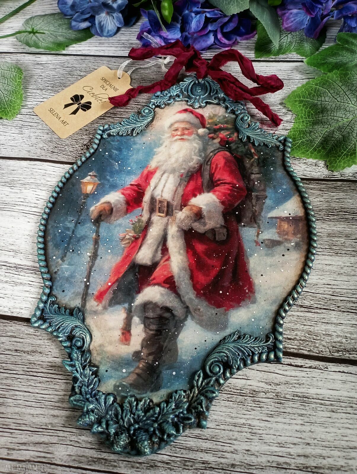 Świąteczny medalion ze Świętym Mikołajem - decoupage vintage (20x30 cm)