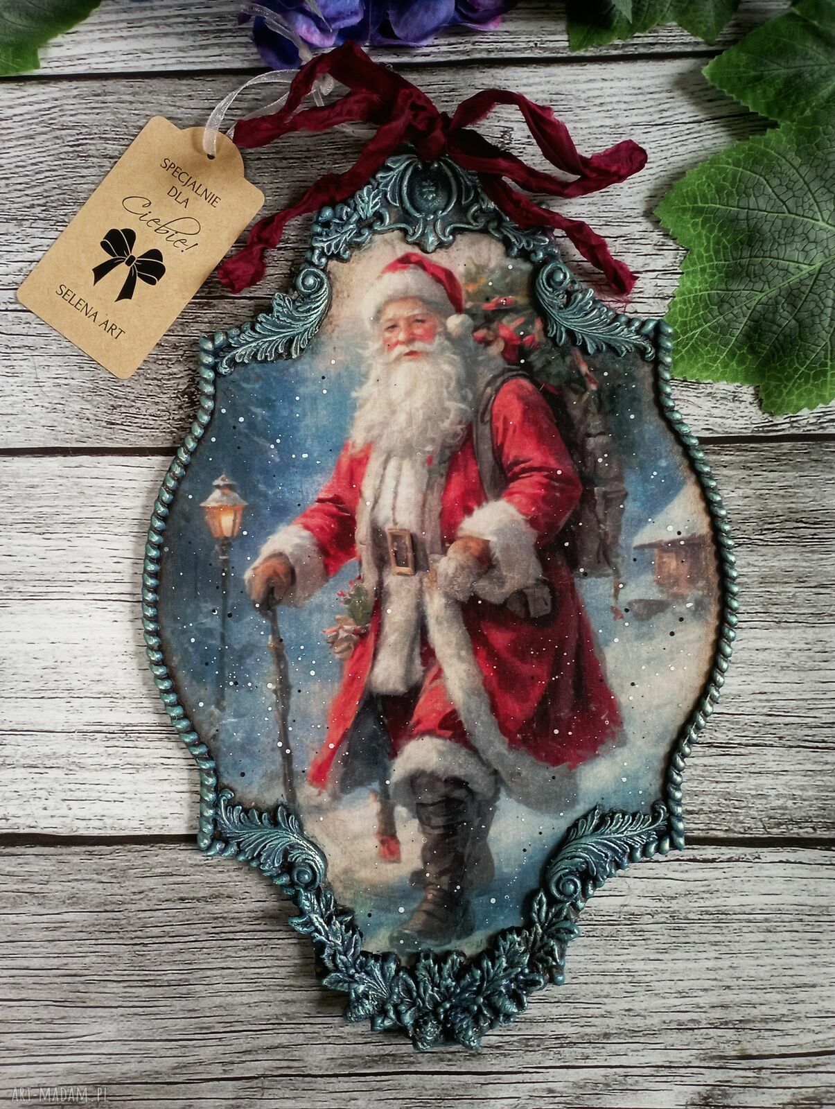 Świąteczny medalion ze Świętym Mikołajem - decoupage vintage 20x30 cm