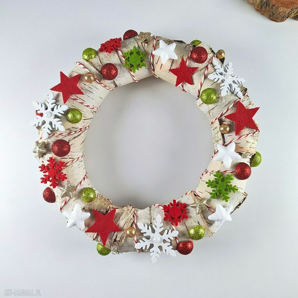 Świąteczny wianek z kory brzozy - na drzwi lub stół (ok. 25 cm)