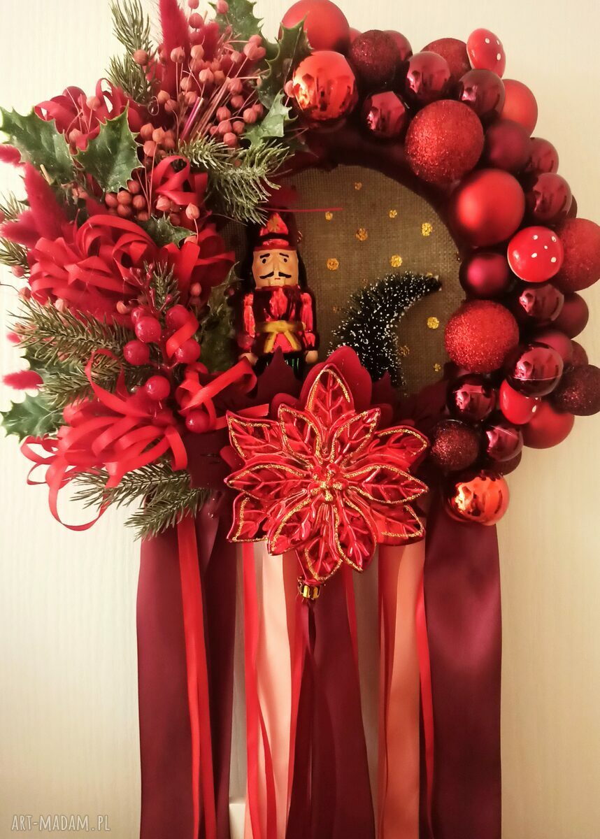 Świąteczny wieniec w czerwieni - czerwony wianek bożonarodzeniowy handmade