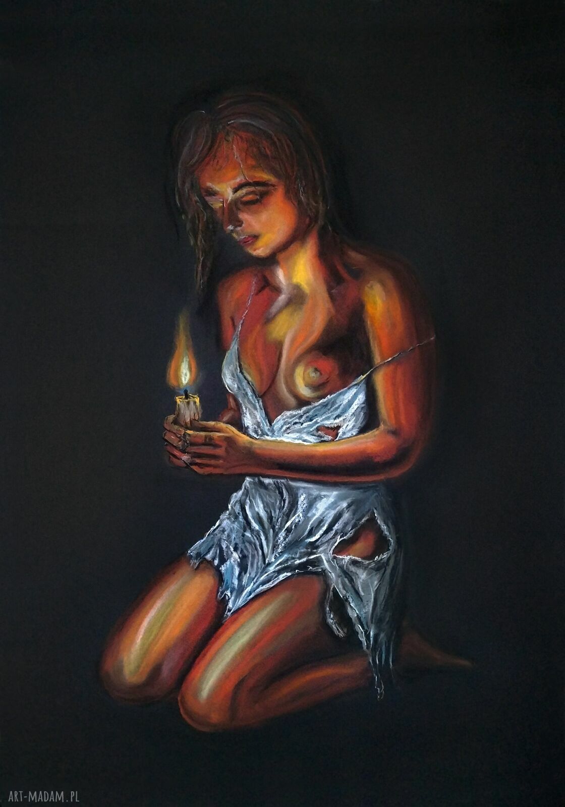 Światło ciszy - pastel suchy na czarnym papierze 100x70 cm