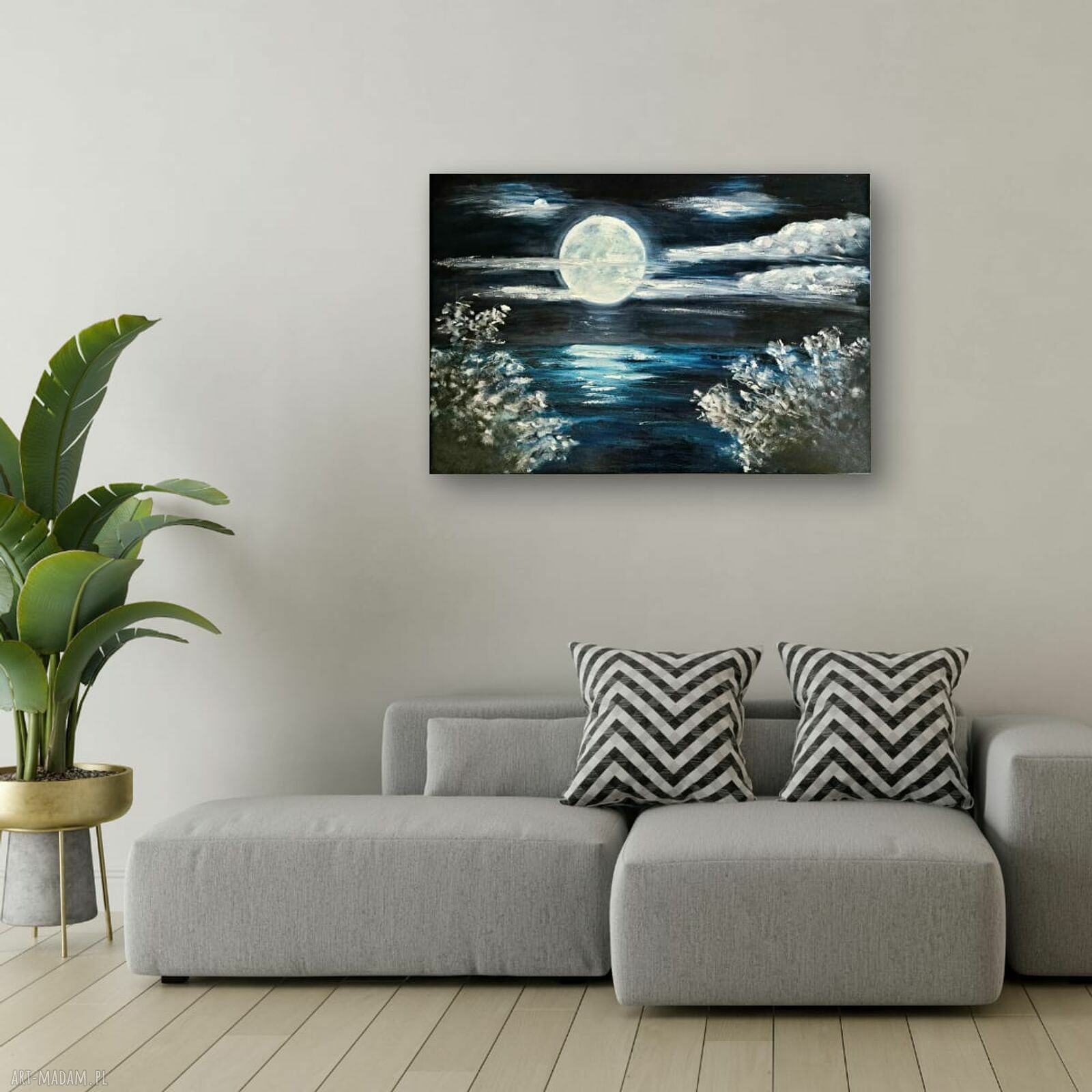 Światło Księżyca Obraz Olejny 70x100 Noc Morze Srebro Magia