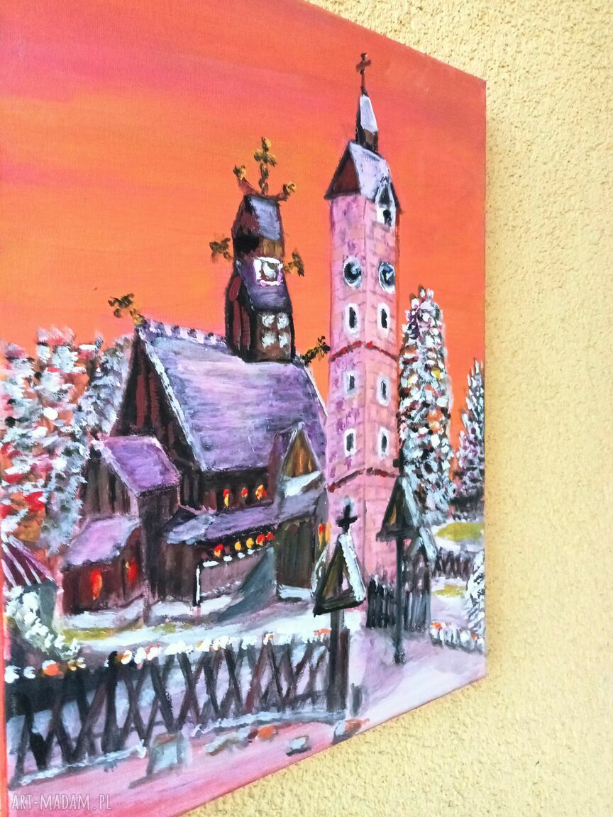 Świątynia Wang w Karpaczu - ręcznie malowany obraz akrylowy na płótnie (30x40x2 cm)